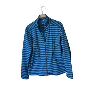NILS Zip Up Sweatshirt Womens Large Blue Black Striped Full Zip Casual Retro Y2K